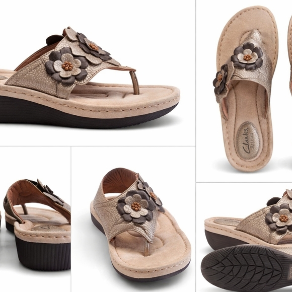 Clarks Shoes - Clarks Artisan Floral Leather Wedge l Sandals Sz.8.5 Taupe Comfort Boho FP